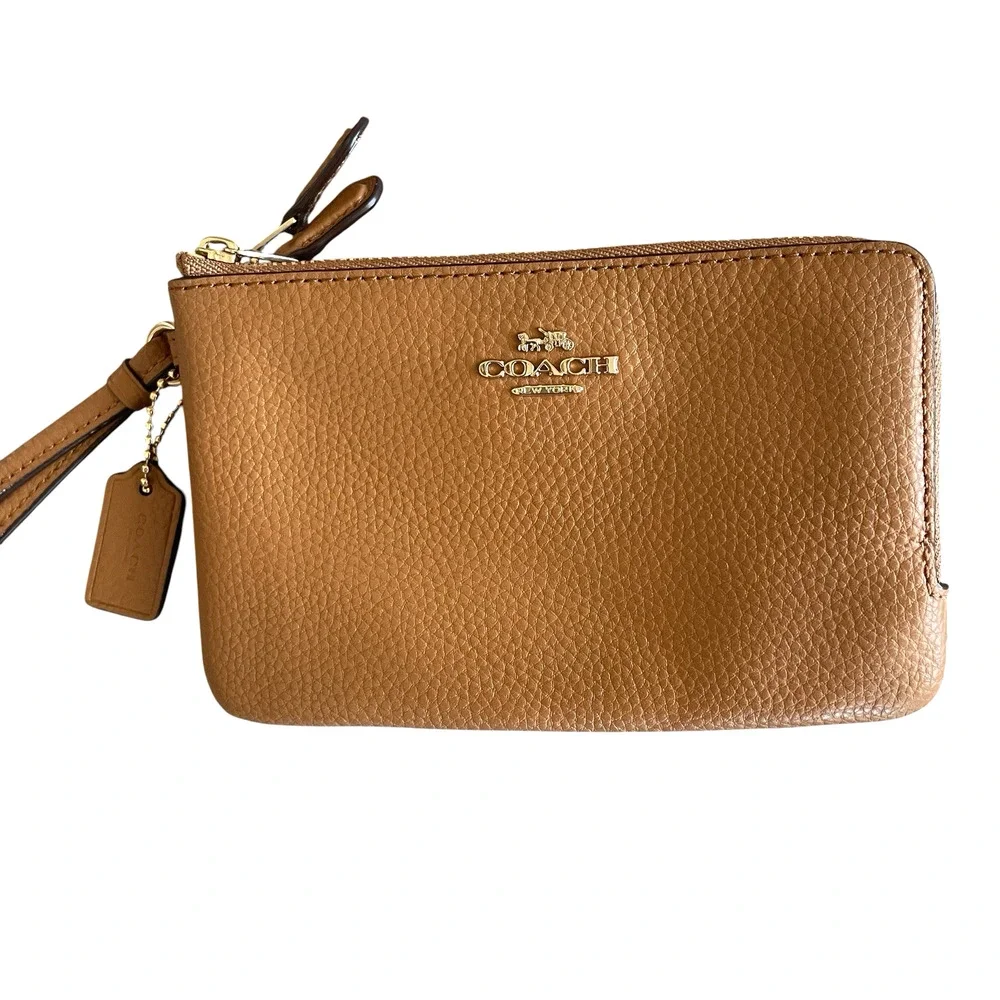 COACH 87590 Double Corner Zip Wristlet Wallet Medium Brown Leather Gold Tone